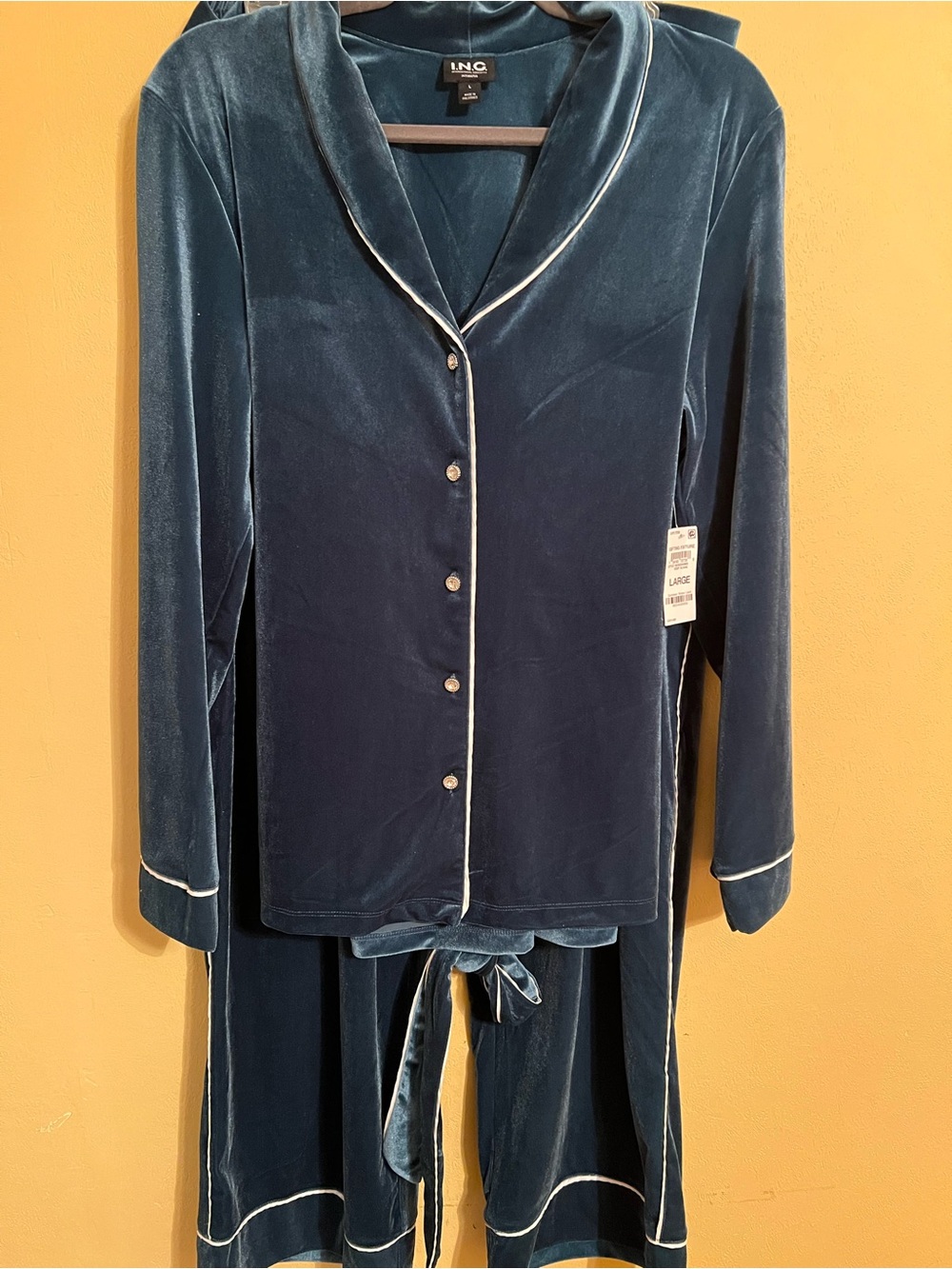 INC International Concepts Velvet Pajama Set in Teal with White Piping